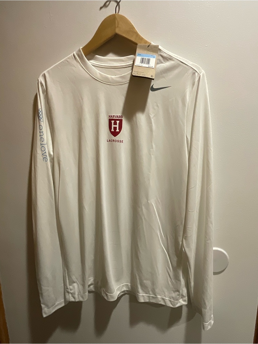 NWT Nike White Long-Sleeve Dri-Fit Tee with Harvard Lacrosse Crest